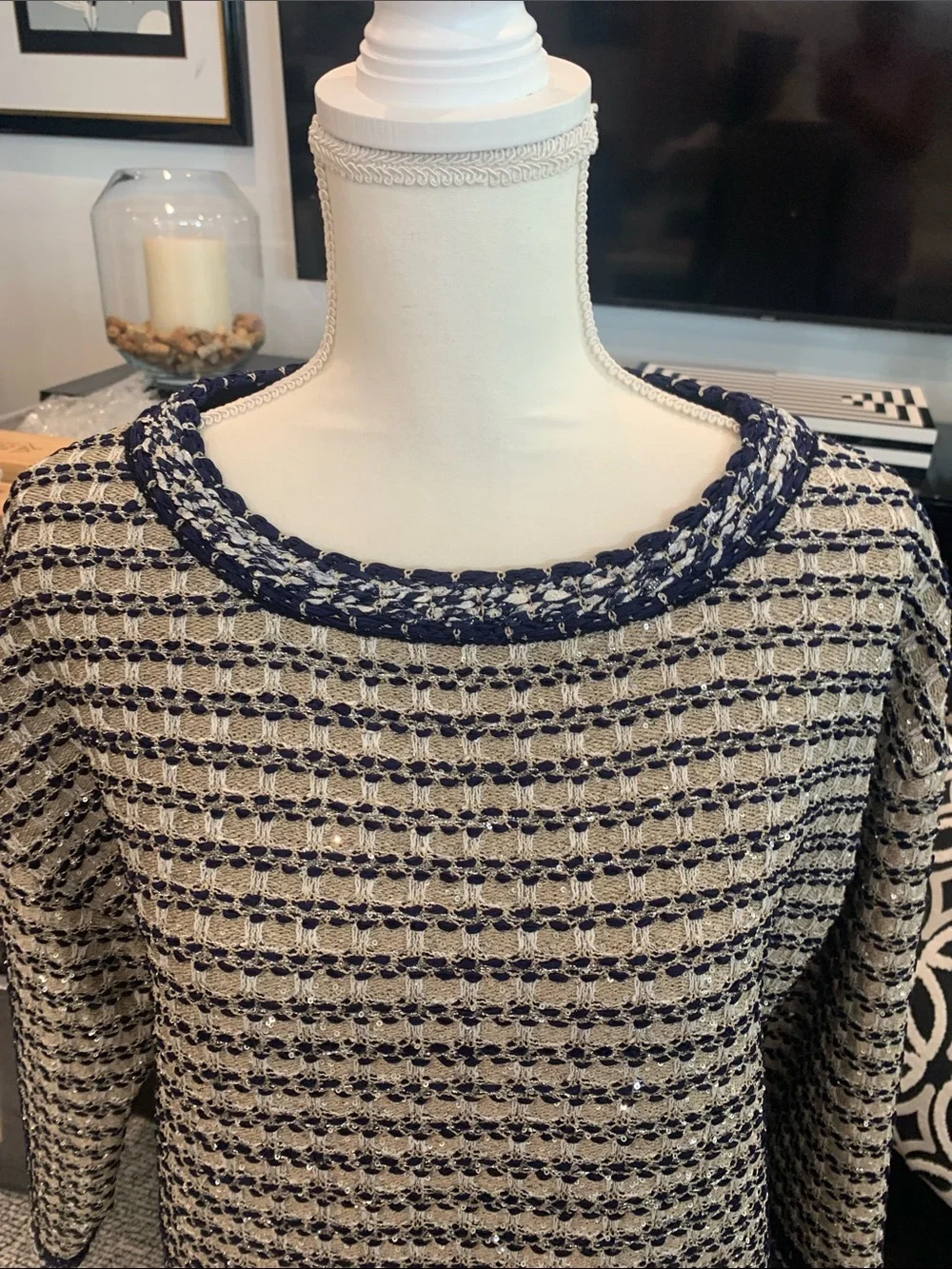 St John Couture Textured Knit Sweater in Cream and Navy. Small Like new